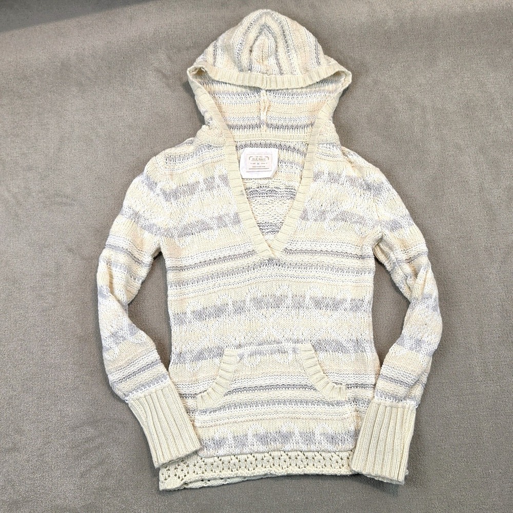 Old Navy Vintage Hoodie Sweater Womens Medium Cream Gray Fair Isle Knit Crochet